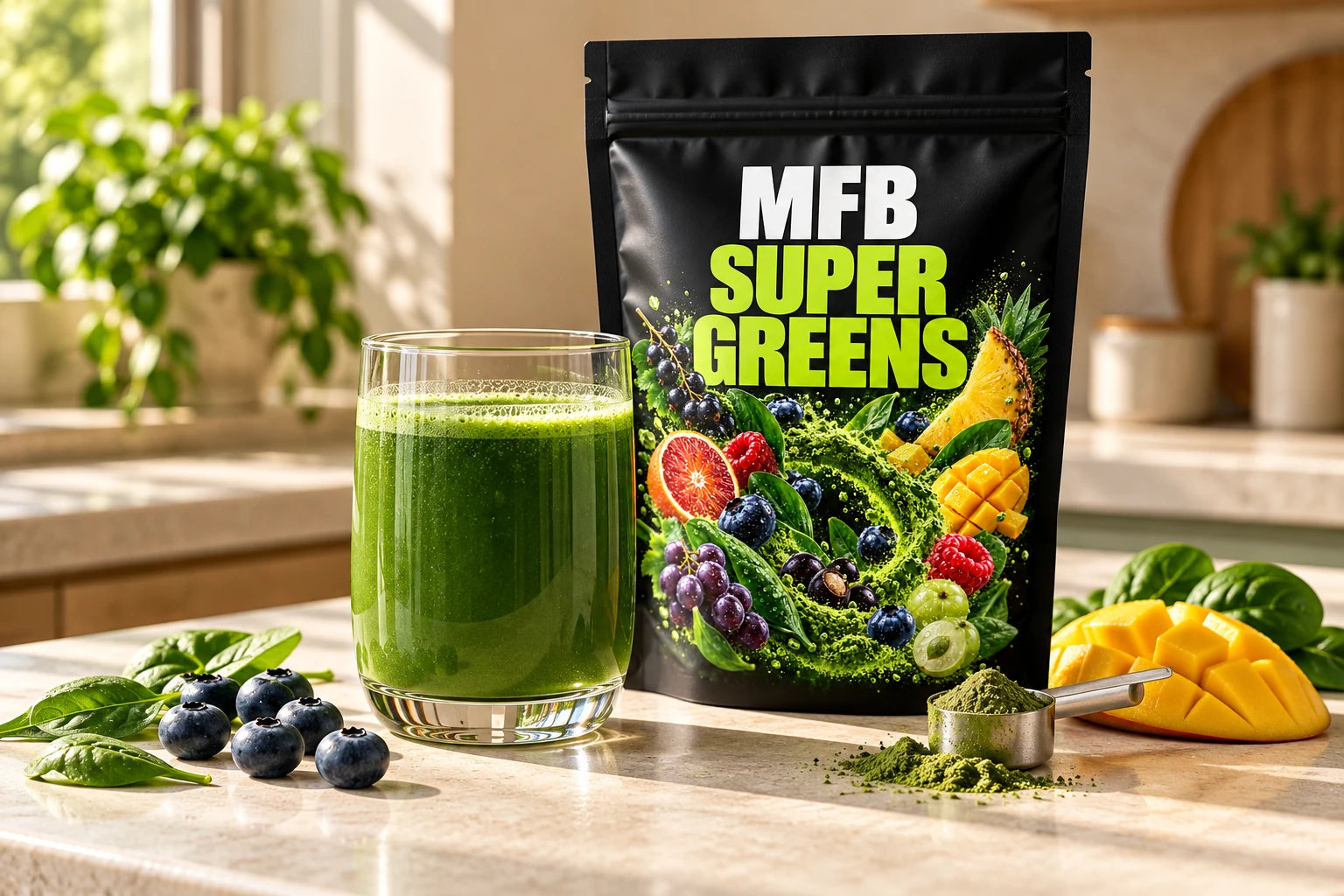 A glass of green drink beside the MFB pouch, fresh fruit and a scoop on a sunlit kitchen counter