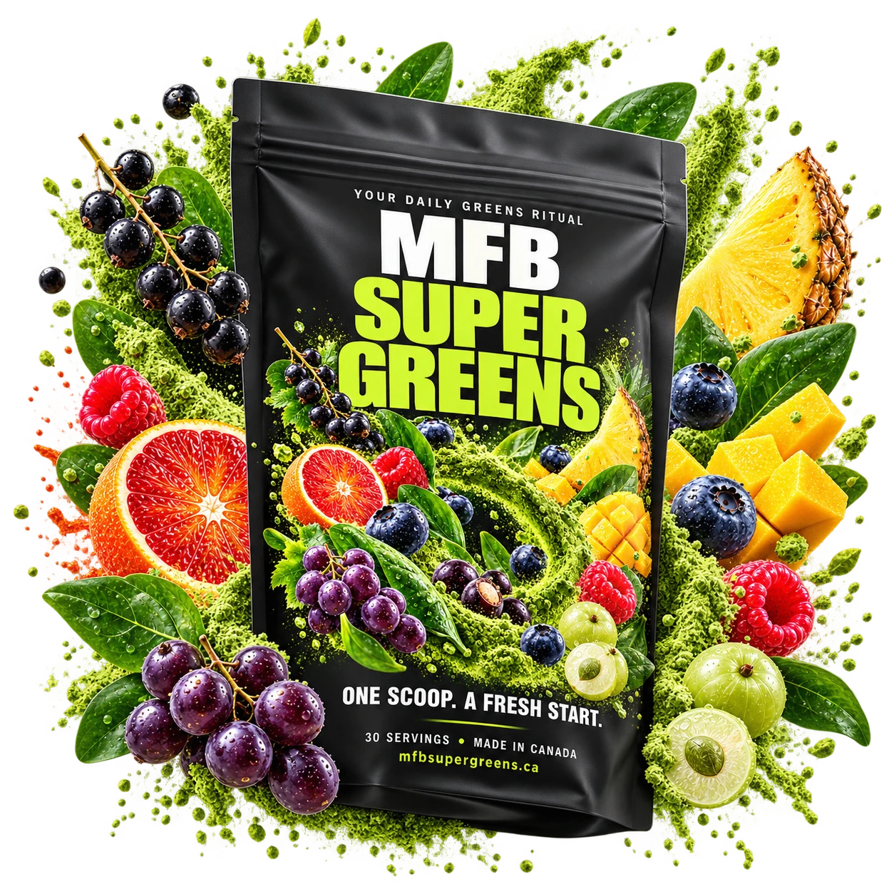 MFB Super Greens surrounded by greens and fruit